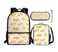 NETILGEN Juego de mochila para niños, 4 en 1, juego de mochila escolar con contenedor de almuerzo, bolsa para lápices, llavero para niñas y niños, Bonito Corgi amarillo, Talla única, Mochilas de día