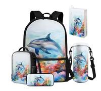 NETILGEN Juego de mochila para niños con lonchera aislada, estuche para lápices, funda para botella de agua, funda para libro, 5 en 1, mochila escolar de 7 a 10 años, 10 a 12 años, Delfín submarino