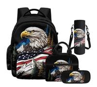 NETILGEN Juego de mochila para niños de viaje escolar con fiambrera, estuche y funda para botella, 4 en 1, Águila de bandera americana, L, Casual