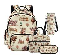 NETILGEN Juego de mochila para niños de viaje escolar con fiambrera, estuche y funda para botella, 4 en 1, Western Cowboy Cactus, L, Casual