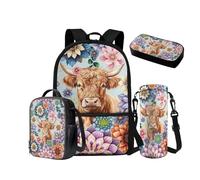 NETILGEN Juego de mochilas escolares para niños y niñas, con fiambrera, estuche para lápices, funda para botella de agua, preescolar, jardín de infantes, primaria, Boho Floral Blossoms Cow, Mochila