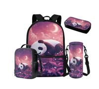 NETILGEN Juego de mochilas escolares para niños y niñas, con fiambrera, estuche para lápices, funda para botella de agua, preescolar, jardín de infantes, primaria, Panda Moon Flower, Mochila escolar