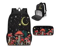 NETILGEN Mochila de almuerzo aislada para laptop, bolsa de almuerzo con estuche para lápices, para picnic, viajes, trabajo, regalo para mujeres, Hongo rojo, luna y estrella, Talla única, Mochilas de
