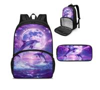 NETILGEN Mochila de almuerzo aislada para laptop, bolsa de almuerzo con estuche para lápices, para picnic, viajes, trabajo, regalo para mujeres, Luna, delfín, morado, Talla única, Mochilas de día