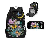 NETILGEN Mochila de almuerzo aislada para laptop, bolsa de almuerzo con estuche para lápices, para picnic, viajes, trabajo, regalo para mujeres, Mariposa y luna floral, Talla única, Mochilas daypack