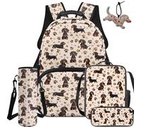NETILGEN Mochila escolar con diseño de dibujos animados para niños, con bolsa de almuerzo, estuche para lápices, funda para botella, llavero, colgante, mochila para estudiantes, Perro Dachshund, L