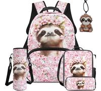 NETILGEN Mochila escolar de dibujos animados para niños, con bolsa de almuerzo, estuche para lápices, funda para botella, llavero, colgante, juego de 5 piezas, Perezoso floral rosa, L, Casual