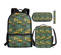 NETILGEN Mochila infantil 4 en 1, juego de mochila escolar con contenedor de almuerzo, bolsa para lápices, llavero para niñas y niños, Vehículo excavador verde, Talla única, Mochilas de día