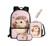 NETILGEN Mochila para niñas y niños con aislamiento térmico, lonchera y llavero, juego de 4 bolsas para libros con compartimentos, Erizo de fresa, Mochila para niños
