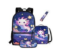 NETILGEN Mochila para niñas y niños con aislamiento térmico, lonchera y llavero, juego de 4 bolsas para libros con compartimentos, Galaxy Space Axolotl, Mochila para niños