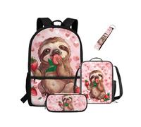 NETILGEN Mochila para niñas y niños con aislamiento térmico, lonchera y llavero, juego de 4 bolsas para libros con compartimentos, Perezoso de fresa, Mochila para niños