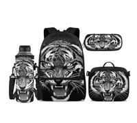 NETILGEN Mochila para niños con lonchera desmontable, estuche para lápices, funda para botella, juego de 4 piezas para niños, adolescentes, primaria, escuela secundaria, Tigre