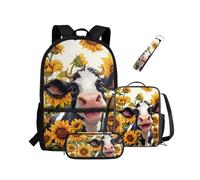NETILGEN Mochila para niños, juego de mochila escolar con bolsa de almuerzo, estuche y llavero, 4 en 1, mochila de jardín de infantes, mochila de senderismo, mochila de día, Vaca linda con girasol
