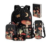 NETILGEN Mochila para niños y niñas de 10 a 12 años, juego de bolsas de almuerzo 5 en 1, mochila escolar preescolar, senderismo, camping, Champiñón mariposa y luna, Mochila escolar