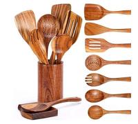 Netoches - Juego de 9 cucharas de madera para utensilios de madera con soporte para utensilios de cocina, de madera de teca