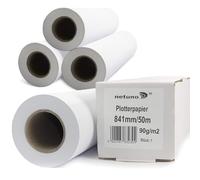 Netuno 4 rollos de papel blanco para plotter 841 mm x 50 m 90 g núcleo 50 mm papel mate universal para impresoras fotocopiadoras CAD planos de construcción dibujos técnicos carteles pósteres mapa