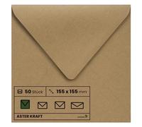 Netuno 50x sobres cuadrados marrones de papel kraft K4 155x155mm 100g Aster Kraft solapa puntiaguda engomada sin ventana ECO reciclados para invitaciones tarjetas boda bautizo Navidad regalo vales