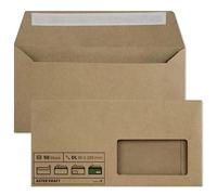 Netuno 50x sobres largos de negocios marrones de papel kraft DIN DL 110x220mm 100g Aster Kraft solapa recta autoadhesiva con ventana derecha reciclado para invitaciones facturas folletos regalo vales