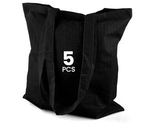 Netuno 5x bolsa tela algodón negra 38 x 42 cm 140g asas largas sin pliegue inferior reutilizable ecológica sin impresión ligera resistente para compras escuela deporte playa