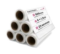 Netuno 6x rollo de film estirable transparente 1,5 kg peso ancho 50 cm espesor 23 µm lámina elástica película de polietileno retráctil para embalar paletas paquetes cajas mudanzas transporte