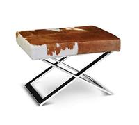 NEUERRAUM Elegante taburete de piel de vaca con patas de acero inoxidable en forma de X. Piel de vaca auténtica en color marrón y blanco.