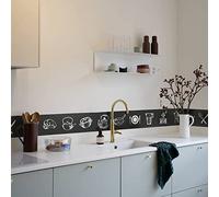 neukids 2 rollos de 10 cm x 200 cm, cenefa autoadhesiva, cenefa con patrón de utensilios de cocina, borde para pared, salón, dormitorio, cocina, baño, techo, decoración, tatuaje de pared negro