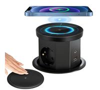 Neulriscn Enchufe Retráctil de 3 Enchufes con 1 USB C 1 USB-A, Torre Regletas Enchufes de Mesa Retráctil Negro con Cargador Inalámbrico, Cable de 1,5 m para Oficina y Cocina