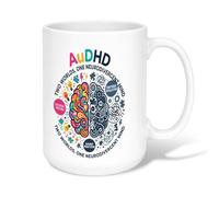 Neurodivergent AuDHD - Taza de café de cerámica con ilustración de cerebro | Conciencia neurodivergente, taza para beber, arte colorido de anatomía cerebral, defensa de la salud mental