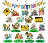 NeusWonder Kit de decoración de cumpleaños de dinosaurio de 19 piezas con pancarta "Happy Birthday", centros de mesa 3D de panal y remolinos colgantes para decoraciones de fiesta temática de