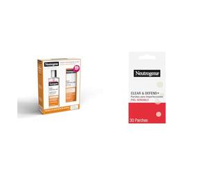 Neutrogena Rutina Anti Acné con Fluido Hidratante facial (50 ml) y Limpiador facial (50ml) Spot Controlling + Parches para granos (30uds) Clear & Defend, cuidado suave para piel propensa al acné