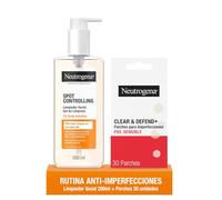Neutrogena Rutina Anti Acné con Limpiador facial Spot Controlling 2% Ácido Salicílico (200ml) + Parches para granos hidrocoloides Clear & Defend (30uds), cuidado suave para piel propensa al acné