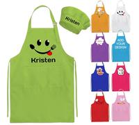 Nevaou Delantal y sombrero de chef personalizado para niños, delantal con nombre para cocinar, hornear, cocina, pintura, regalo para niños y niñas, Verde, Medium/Large