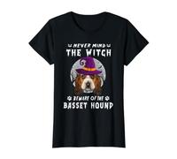 Never Mind The Witch Beware of Basset Hound Dog Halloween Camiseta gráfica económica, Mujer, Negro, XS