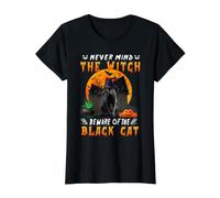 Never Mind The Witch Beware of Black Cat Halloween Camiseta gráfica económica, Mujer, Negro, XS