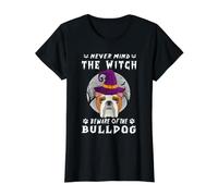 Never Mind The Witch Beware of Bulldog Dog Halloween Camiseta gráfica económica, Mujer, Negro, S