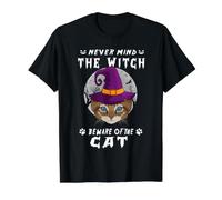 Never Mind The Witch Beware of Cat Kitty Halloween Camiseta gráfica económica, Hombre, Negro, S