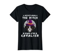 Never Mind The Witch Beware of Cavalier Dog Halloween Camiseta gráfica económica, Mujer, Negro, XL
