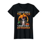 Never Mind The Witch Beware of Chihuahua Dog Halloween Camiseta gráfica económica, Mujer, Negro, S