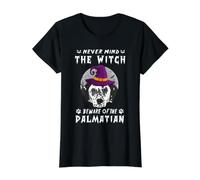 Never Mind The Witch Beware of Dalmatian Dog Halloween Camiseta gráfica económica, Mujer, Negro, XL