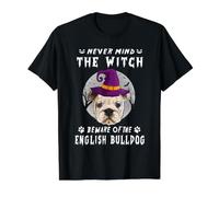 Never Mind The Witch Beware of English Bulldog Dog Halloween Camiseta gráfica económica, Hombre, Negro, L