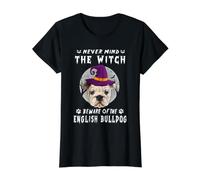 Never Mind The Witch Beware of English Bulldog Dog Halloween Camiseta gráfica económica, Mujer, Negro, L