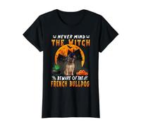 Never Mind The Witch Beware of French Bulldog Halloween Camiseta gráfica económica, Mujer, Negro, S