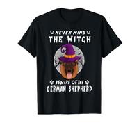 Never Mind The Witch Beware of German Shepherd Dog Halloween Camiseta gráfica económica, Hombre, Negro, M