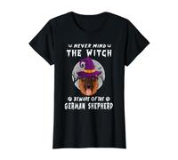 Never Mind The Witch Beware of German Shepherd Dog Halloween Camiseta gráfica económica, Mujer, Negro, M