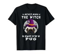 Never Mind The Witch Beware of Pug Dog Halloween Camiseta gráfica económica, Hombre, Negro, S