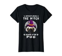 Never Mind The Witch Beware of Pug Dog Halloween Camiseta gráfica económica, Mujer, Negro, L