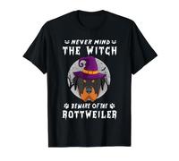 Never Mind The Witch Beware of Rottweiler Dog Halloween Camiseta gráfica económica, Hombre, Negro, S