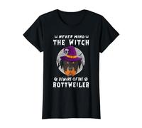 Never Mind The Witch Beware of Rottweiler Dog Halloween Camiseta gráfica económica, Mujer, Negro, L