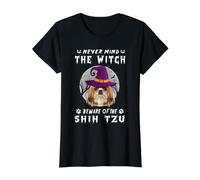Never Mind The Witch Beware of Shih Tzu Dog Halloween Camiseta gráfica económica, Mujer, Negro, M