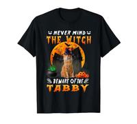 Never Mind The Witch Beware of Tabby Cat Halloween Camiseta gráfica económica, Hombre, Negro, M